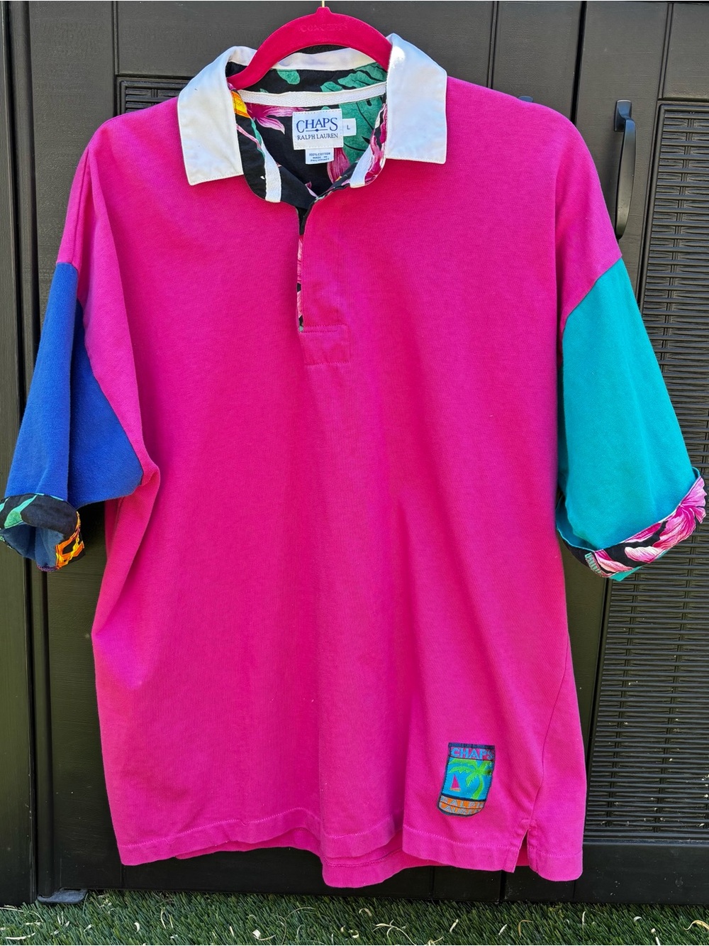 Chaps Ralph Lauren Rugby Polo Shirt Men's Sz Large Tropical Trim Multicolor 90s